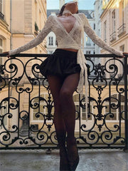 Lunivop White Lace See-Through Tank Top Female V-Neck Bandage Long Sleeve Cropped Y2k Top Pullover Printed Lace-Up Vest T-shirt