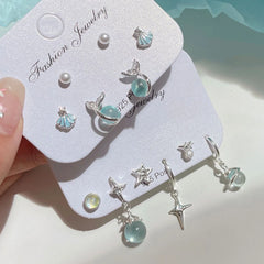 Lunivop 6PCS Set Blue Opal Star Cross Fish Pearls Shells Dangle Earrings For Women Fashion Trendy Y2K Goth Aesthetic Jewelry Accessories