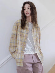 Lunivop Sweet Yellow Plaid Shirt Women Casual Vintage Long Sleeve Pocket Blouse American Fall Preppy Style Female Retro Loose Tops New