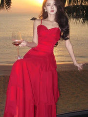 Lunivop Elegant Spaghetti Strap Sleeveless Ruffles Dresses Waist Cinched Gown Coastal Outfit Women's French Lace Halter Neck Long Dress