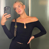 Lunivop Off The Shoulder Long Sleeve Hollow Out Slim Women'S Tops Tshirt Y2K Streetwear Casual Clothing Wholesale Korean