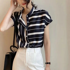 Lunivop Summer Women Short Sleeve Striped Tops Fashion Irregular Blouses Lady Temperament Shirts Stand Collar Loose Blusas