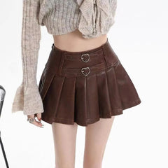 Lunivop Vintage Brown Leather Skirt Women Y2k Sexy Gothic Pleated Mini Skirt Black Punk Grunge Retro Short Skirts Streetwear