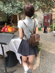 Lunivop Y2k Millenial Bow Hot Drill Half High Neck Sexy Slim Short Sleeve Shoulder T-Shirt Pure Wind Back Bow Three-Dimensional Decorati