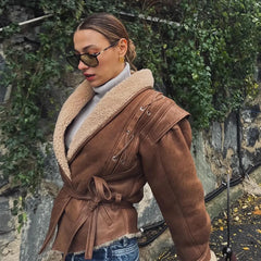 Lunivop Women Elegant Irregular Hem Plush Lapel Coats Fashion Lace Up Pocket Long Sleeved Jacket 2024 Autumn Winter New Warm Outwear