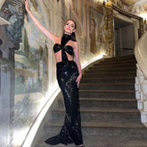 Lunivop New Summer Women's Black Sequin Sexy Cut-Out Backless Sleeveless Tight Long Dress Elegant Celebrity Party Evening Gown