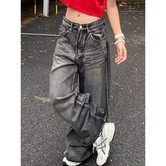 Lunivop Black Womens Jeans High Waist Vintage Design Hip Hop Straight Baggy Denim Pants Street Y2K American Style Wide Leg Denim Trouser