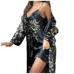 Lunivop Women Four Seasons Two Pieces Pajamas Spaghetti Strap Girls Nightdress Long Sleeve Nightrobe Printing V-Neck Lace Up Nightgown