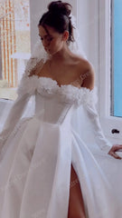 Lunivop Delicate Off The Shoulder Long Sleeve Satin Wedding Dress Custom Made White Petal Shape Hi Slit A-line Draped Bride Gowns