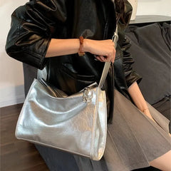 Lunivop Retro Hot Girl Silver Harajuku Tote Bag Women Chain Square Leather Large Capacity Shoulder Bag Ladies Fashion Y2k Crossbody Bags