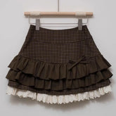 Lunivop Deeptown Brown Women Plaid Skirts Kawaii Lolita Sweet Mini Skirts Vintage Lace Patchwork Cute Fashion High Waist Layered Skirt