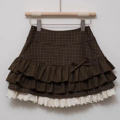 Lunivop Deeptown Brown Women Plaid Skirts Kawaii Lolita Sweet Mini Skirts Vintage Lace Patchwork Cute Fashion High Waist Layered Skirt