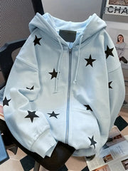 Lunivop Stars Print Hoodies Women Vintage Streetwear Long Sleeve Loos Blue Sweatshirts Casual Pockets Lace Up American Fall Tops