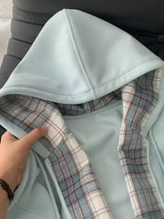 Lunivop Plaid Patchwork Blue Hoodies Women Sweet Preppy Style Long Sleeve Cute Sweatshirts Loose Casual Vintage Female Korean Tops New
