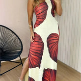 Lunivop Womens Dresses Tropical Print One Shoulder Bodycon Slit Dress Sexy Slim Fit Maxi Dress Simple Commuting Elegant Dress