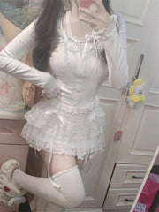Lunivop Sweet Kawaii Skirts Women Lolita Coquette Lace Bow Patchwork Mini Skirt White High Waist Cute Summer A-line Short Skirt