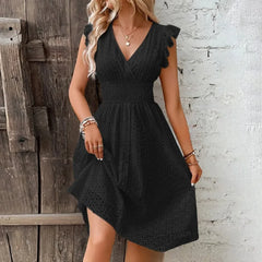 Lunivop Women's Dress Lace Jacquard Hollow Out Slim V Neck Elastic Waist Midi Dress Vacation Mid Length Dresses for Daily Wear Korean