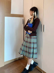 Lunivop Y2k Elegant Vintage Plaid Ruched Skirts Summer High Waist A-line Skirt for Women New Mid-length Loose Faldas Mujer