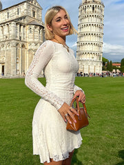 Lunivop Sexy See Through Double Layer Lace Women Dress White Long Sleeve Round Neck Dress Autumn Slim Elegant Holiday Streetwear