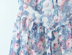 Lunivop Summer Floral Print Spliced Lace Chest Bow Collar Short Puff Sleeve Dress Low Waist Ruched Hem Swing Mini Dresses Cake Robe