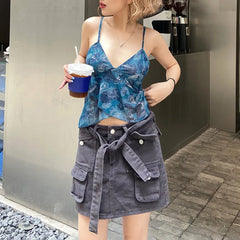 Lunivop Euramerican Fashion Harajuku Cross Ruffle Tank Tops Y2k Aesthetic Exquisite Lrregular Flower Print Women Clothes Sexy Casual Tee