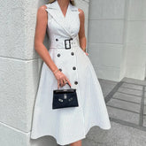 Lunivop Autumn Women Vertical Stripe Printed Polo Turn-down Collar Dress with Belt High Waist Sleeveless Button Dresses