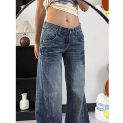 Lunivop Vintage Streetwear Y2K Low-Waisted Jeans Women Spring Summer Slimming Loose-Fit Wide Leg Trousers Lady Casual Washed Denim Pants