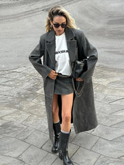 Lunivop Retro Turn-down Collar Leather Long Coats Women Casual Solid Single Breasted Jackets Female Autumn Winter Chic High Street Tops