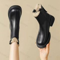 Lunivop Waterproof Winter Snow Boots Women Plus Velvet Cotton Women Shoes Black Leather Warm Platform Women's Back Zipper Ankle Boots