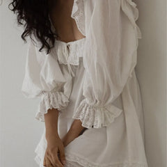 Lunivop Sweet Women Hollow Out Embroidery Ruffles Square Collar Mini Dress White Puff Sleeve Elastic Ruched Waist Holiday Robe