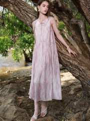 Lunivop Beach Floral Elegant Long Dress Women Casual Vintage Sweet Sleeveless Dress Summer Loose O Neck Lace Up Retro French Dress