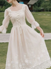 Lunivop Chic Fashion Women Vintage Gentle Solid Square Collar Gauze Half Sleeve Dresses Elegant Lace All Match Vestidos Mujer