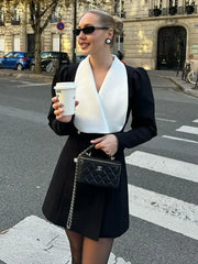 Lunivop Contrast Color Lapel Suit Dress Elegant Office Woman Outfits Pleatd Splice High Waist Mini Dress Double Breasted Fashion