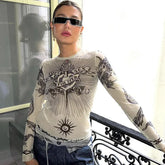 Lunivop Autumn new round neck long-sleeved pullover printed slightly transparent fashion casual women's top