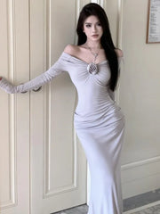 Lunivop Sexy Women's Shoulder Evening Party Dresses Elegant Long Sleeve Bodycon Lady Solid Maxi Dress French Floral Vestidos Robe