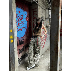 Lunivop Women Green Camouflage Overalls High Waist American Hip Hop Baggy Straight Pants High Street Autumn Fashion Wide Leg Trouser