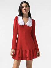 Lunivop Peter Pan Collar Ruffles Women Dress Red Patchwork Long Sleeve Mini Dress Female Winter Slim Casual Streetwear Vestidos