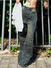 Lunivop Washed Distressed Rivet Jeans for Women Street Fashion Straight Jeans Harajuku Style Hip Hop High Street Y2k Trousers streetwear