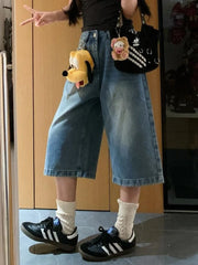 Lunivop American Washed Denim Shorts for Women Summer Vintage Straight Wide Leg Jeans Pants 2025 New Loose Calf- Length Pants