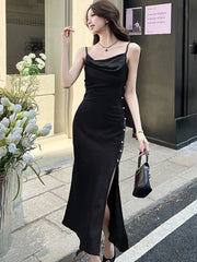 Lunivop Summer Red Satin Elegant Sling Long Dress Women Fashion Chic Beading Slit Dresses 2025 Korean Vintage Luxury Party Evening Dress