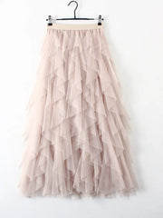 Lunivop Women Layered Irregular Mesh Skirt Korean Clothes Summer Vintage Elastic Waist Pleated Mid Long A-line Skirts Femme