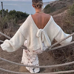 Lunivop Autumn New Arrival Women's Sweater Loose Fitting Full Sleeve Solid Color Back Lace-up Backless Fashion Casual Daily Jumpers