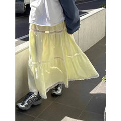 Lunivop Korean Lace Patchwork Hollow Casual A-line Skirt Women 2024 Summer New High Street Fashion All Match Loose Mid-length Skirt