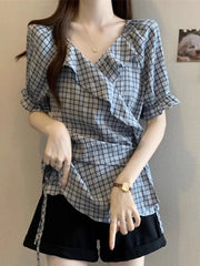 Lunivop Ruffles Vintage Plaid Blouse Women Causal Sweet Slim Short Sleeve Shirt Korean Retro Female Lace Up Elegant Design Tops New