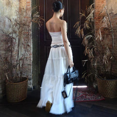 Lunivop Elegant Off Shoulder Strapless Backless Tank Top With Elastic Waist Pleated Long Skirts Women Beach Holiday 2 Piece Set