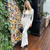 Lunivop Stand Collar Long Sleeve Ruched Slit Bodycon Women'S Dresses Long Party Dress Winter Fashion Casual Clothes