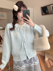 Lunivop Ruffles Sweet Cardigan Women Cute Long Sleeve Bow Sweaters Preppy Style O Neck Japan Kawaii Letter Lace Up Love Buttons Top