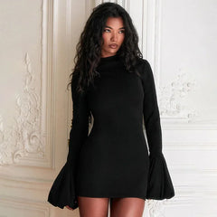 Lunivop Fashion Pull Sleeve Black Mini Dress Female High Waist Elegant Long Sleeve Dresses Club Party Bodycon Women's Clothing