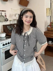 Lunivop Sweet Vintage Women Plaid Blouse Casual Preppy Style Lace Patchwork Loose Shirt Cute Retro Female Short Sleeve Lace Up Tops