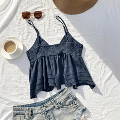 Lunivop Casual Euramerican Beach Style Lazy Tank Tops Harajuku Y2k Sweet Exquisite Lace Hollow Out Tees Pleated Punk Spice Girl Clothes